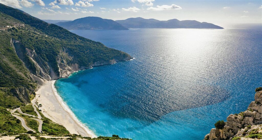 Myrtos Beach in Kefalonia with white cliffs and turquoise Ionian water